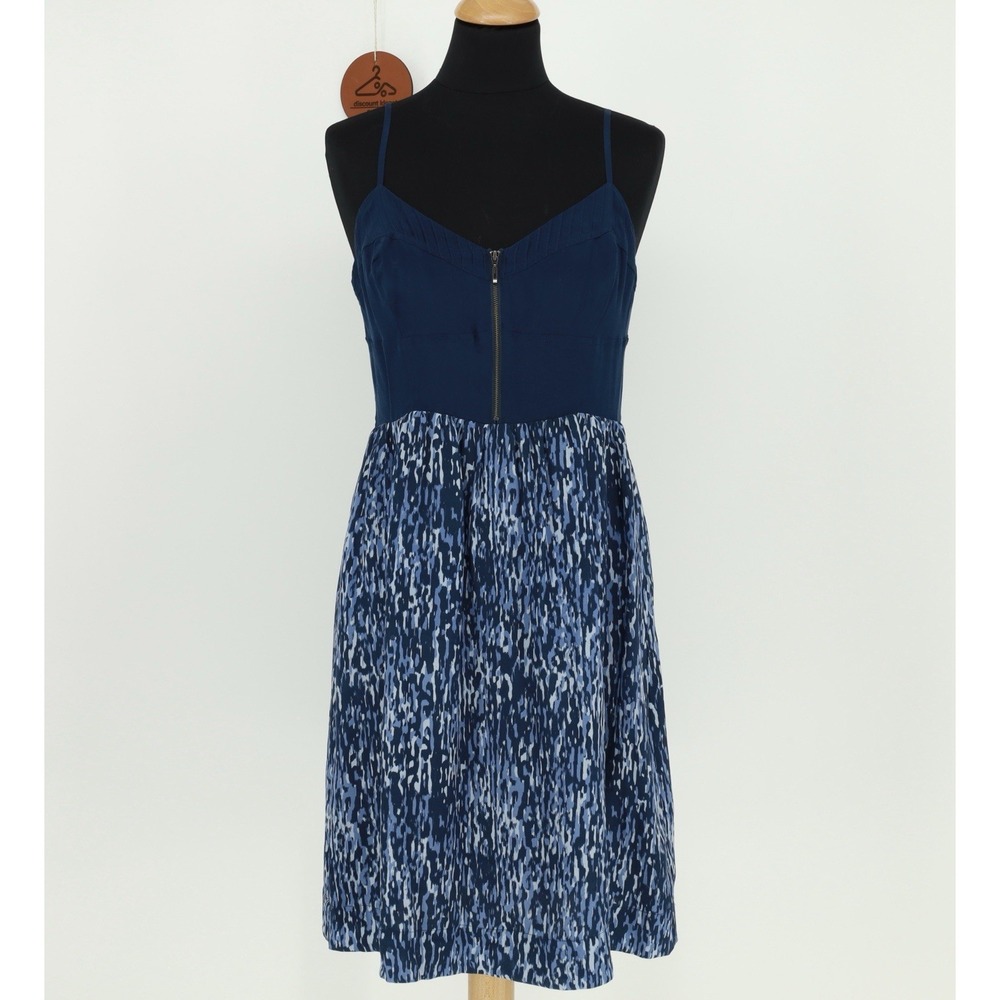 Moulinette Soeurs Silk Dress Blue Abstract Print Zip Front Smocked Back Size 8‎